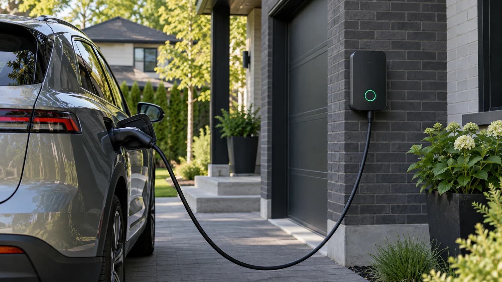 Véhicule électrique et borne de recharge dans une entrée résidentielle. Véhicule électrique et borne de recharge dans une entrée résidentielle.