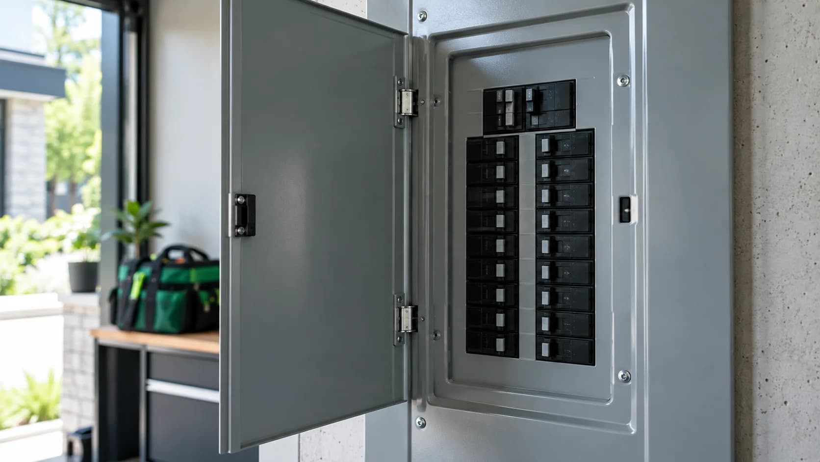 Disjoncteurs protégés dans un panneau électrique résidentiel.