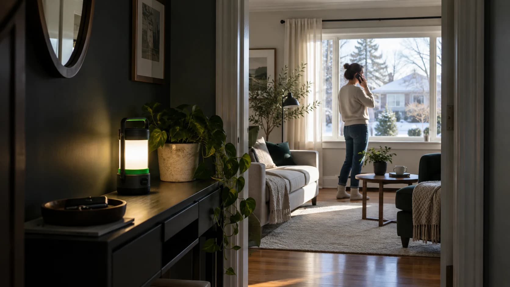 Personne au téléphone et lanterne dans une maison.