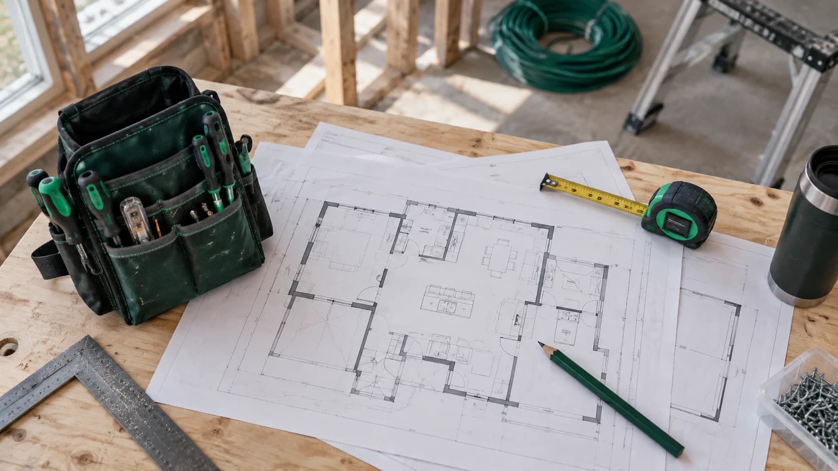 Plans de rénovation et outils disposés sur une table de chantier. Plans de rénovation et outils disposés sur une table de chantier.