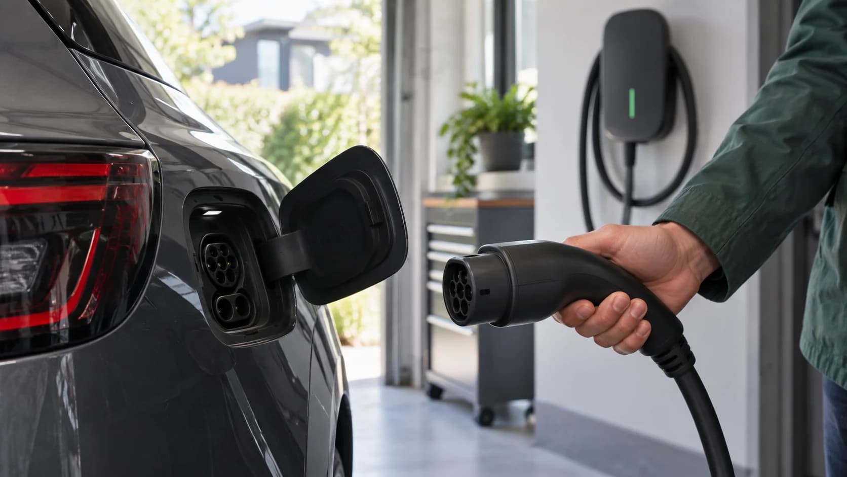 Connecteur de recharge tenu près de la prise d’un véhicule électrique. Connecteur de recharge tenu près de la prise d’un véhicule électrique.