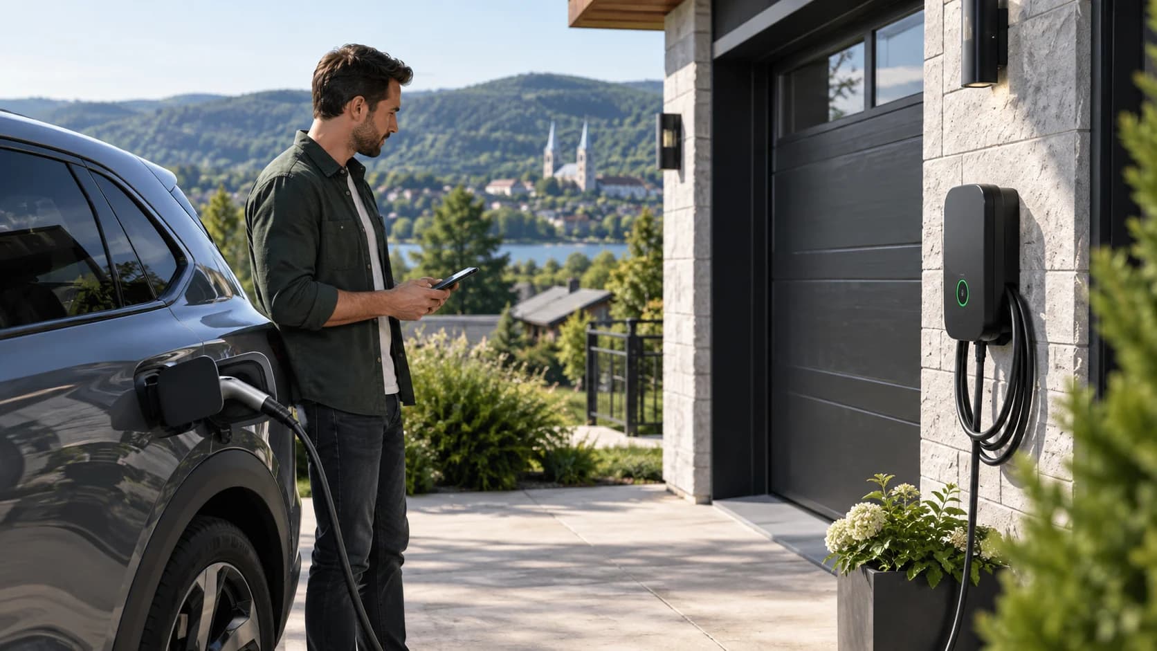 Véhicule électrique en recharge devant un garage résidentiel. Véhicule électrique en recharge devant un garage résidentiel.