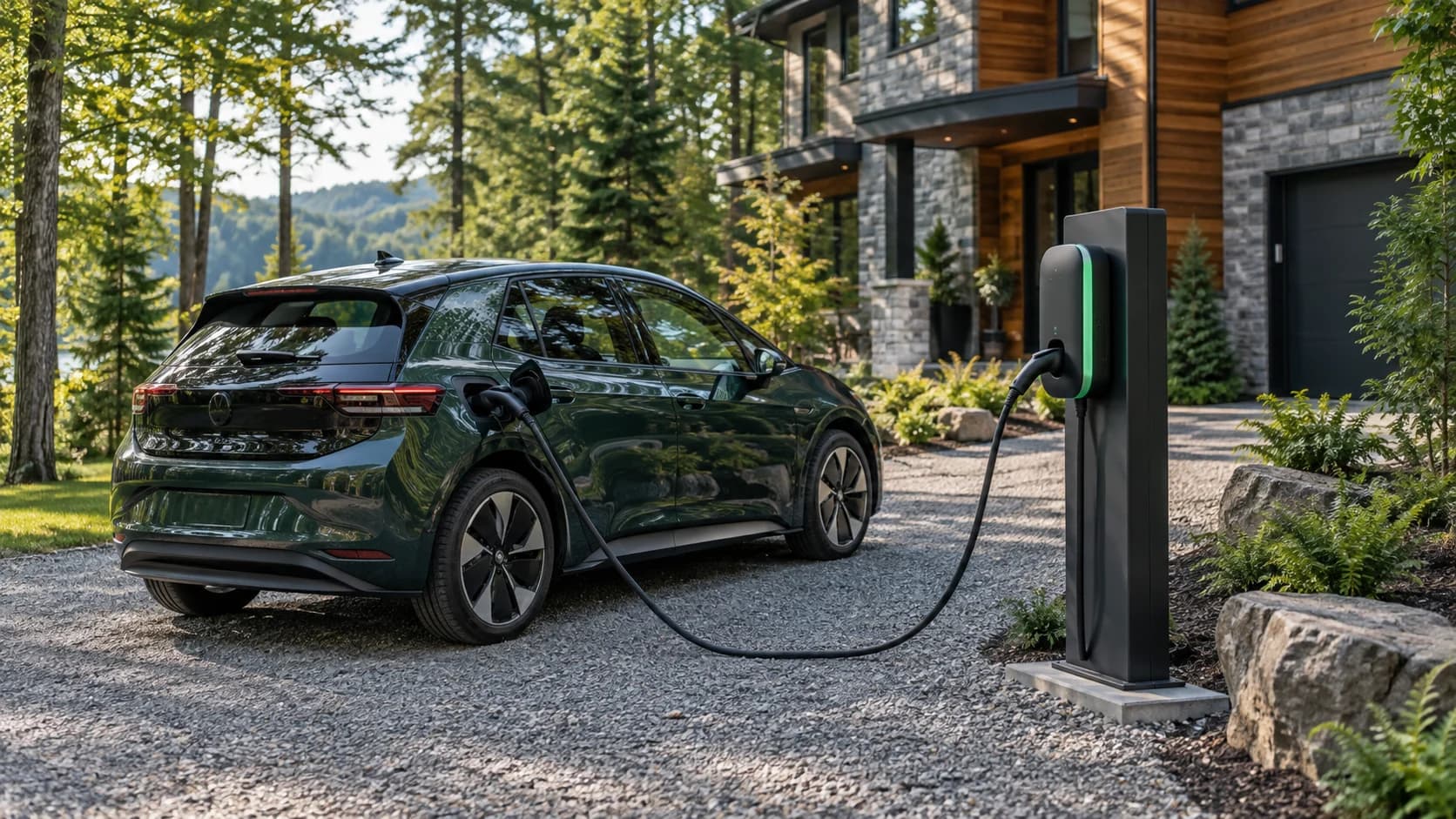 Véhicule électrique et borne de recharge dans une entrée résidentielle. Véhicule électrique et borne de recharge dans une entrée résidentielle.