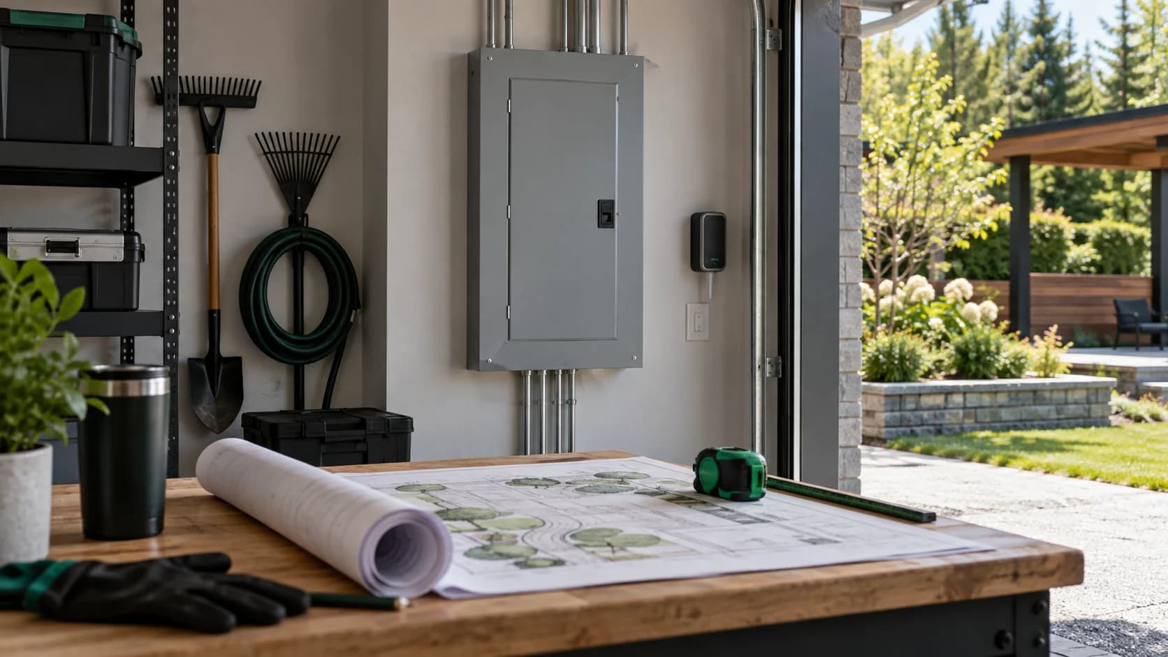 Plans et outils de mesure sur un établi, avec panneau fermé à l’arrière-plan. Plans et outils de mesure sur un établi, avec panneau fermé à l’arrière-plan.