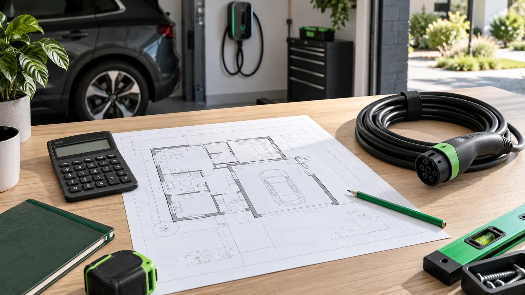 Plans, calculatrice et câble de recharge disposés sur une table. Plans, calculatrice et câble de recharge disposés sur une table.