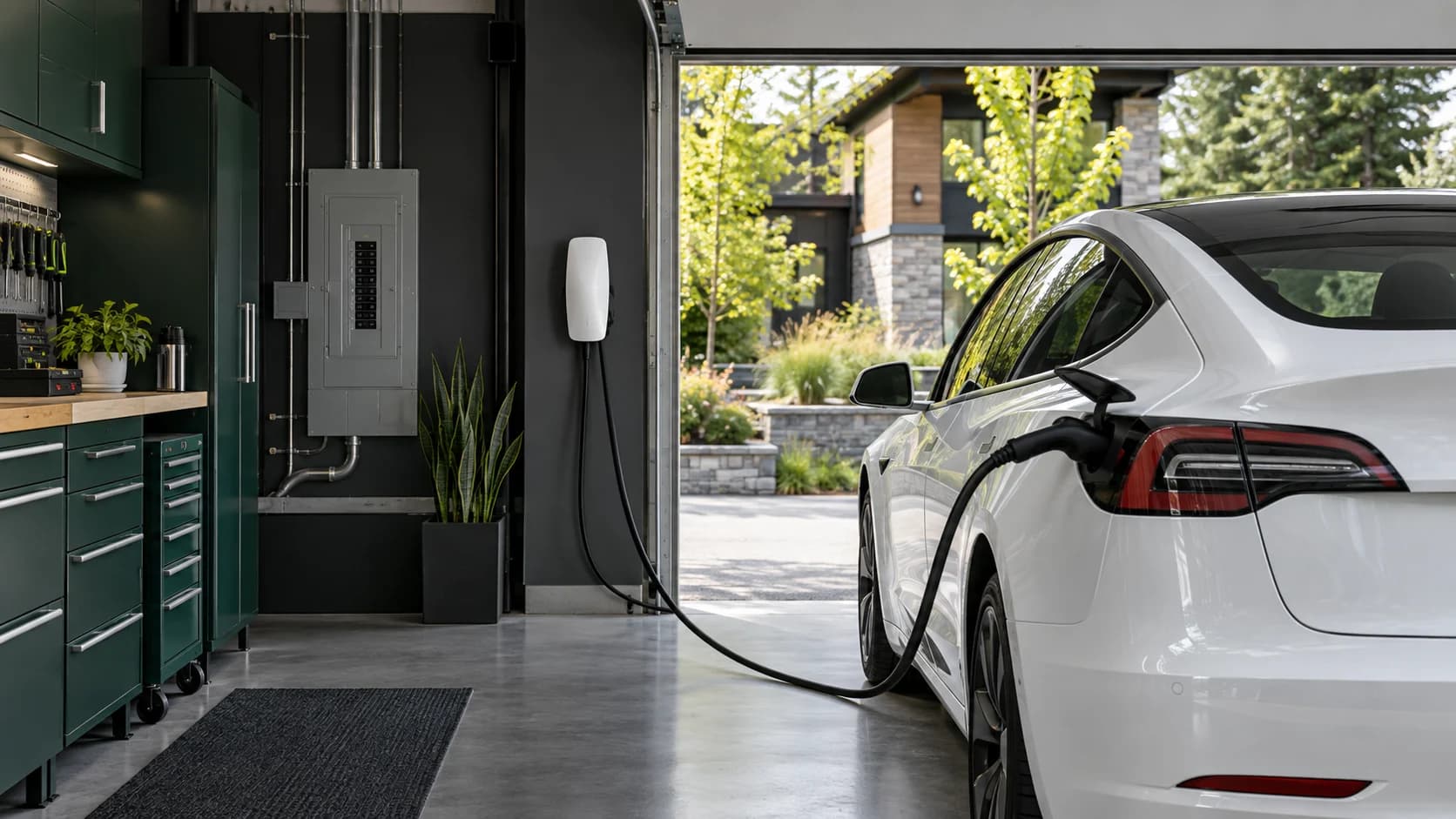 Voiture électrique en recharge dans un garage aménagé. Voiture électrique en recharge dans un garage aménagé.