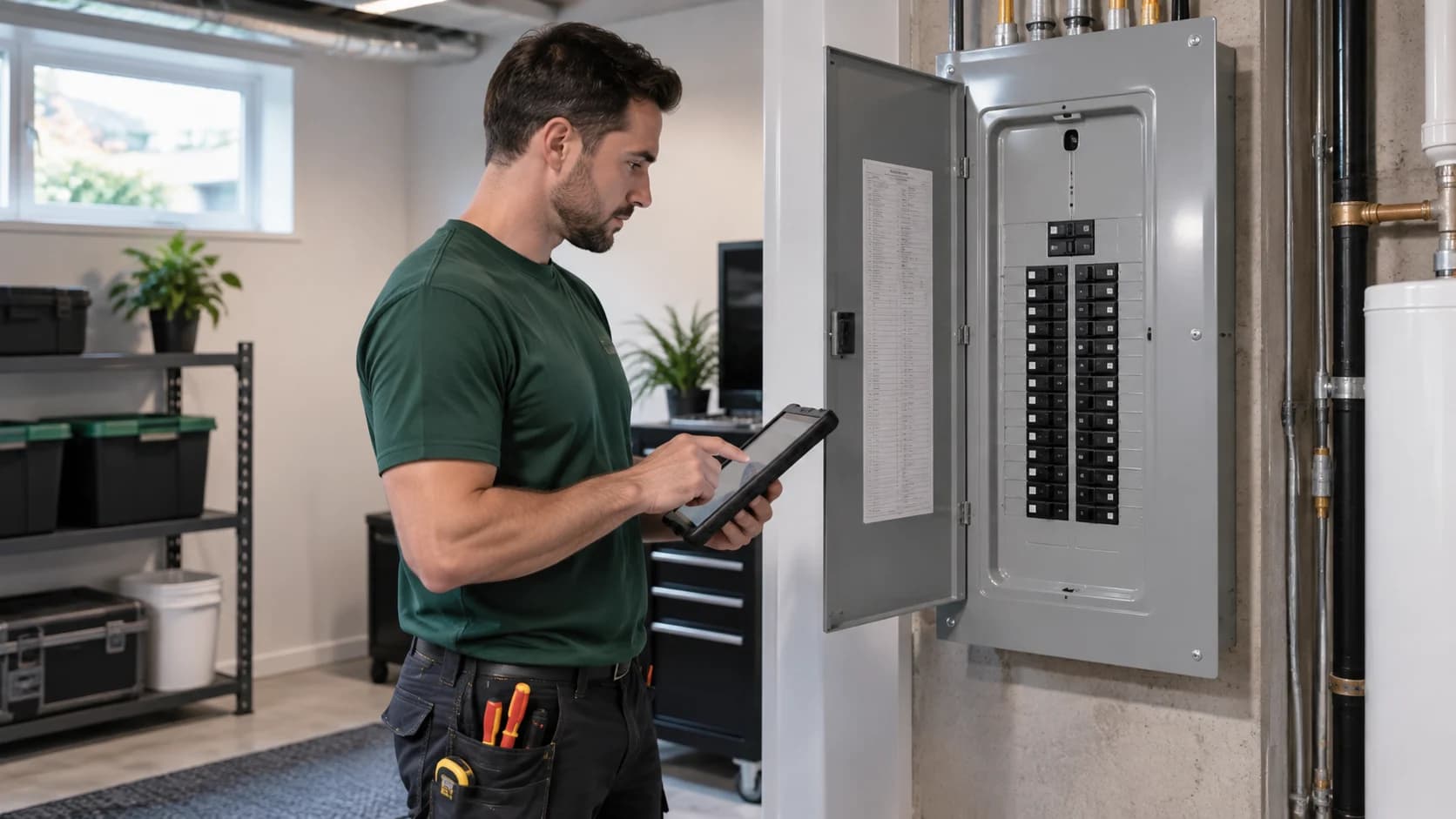 Électricien consultant une tablette près d’un panneau électrique résidentiel. Électricien consultant une tablette près d’un panneau électrique résidentiel.
