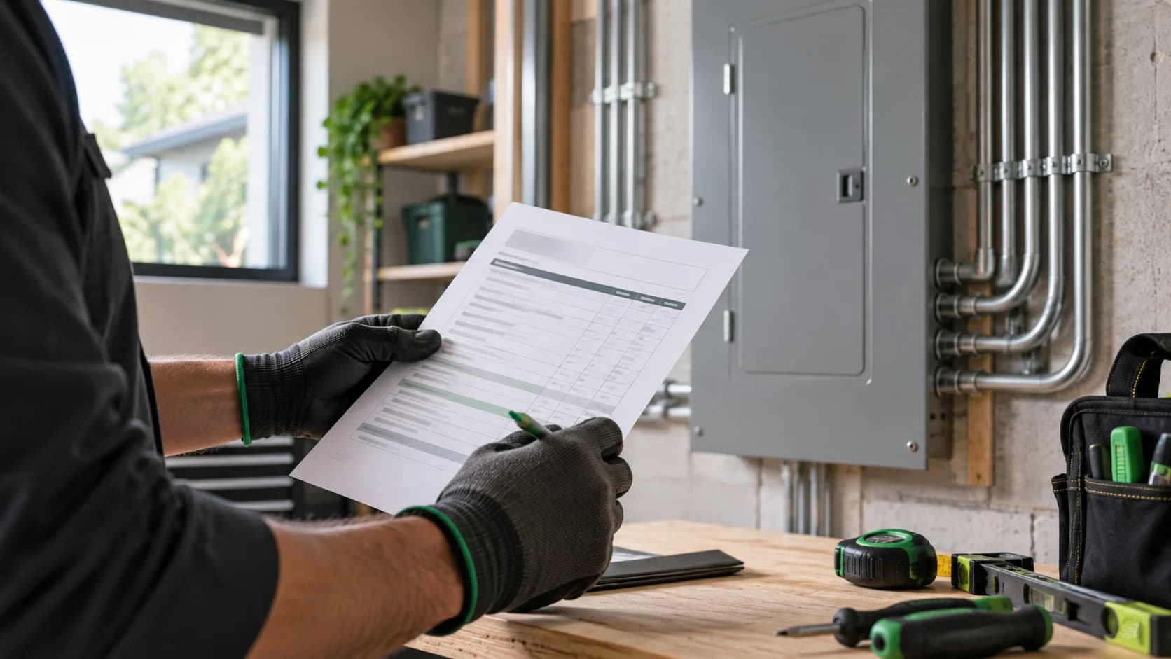 Mains gantées tenant un document et un crayon au-dessus d’un établi.