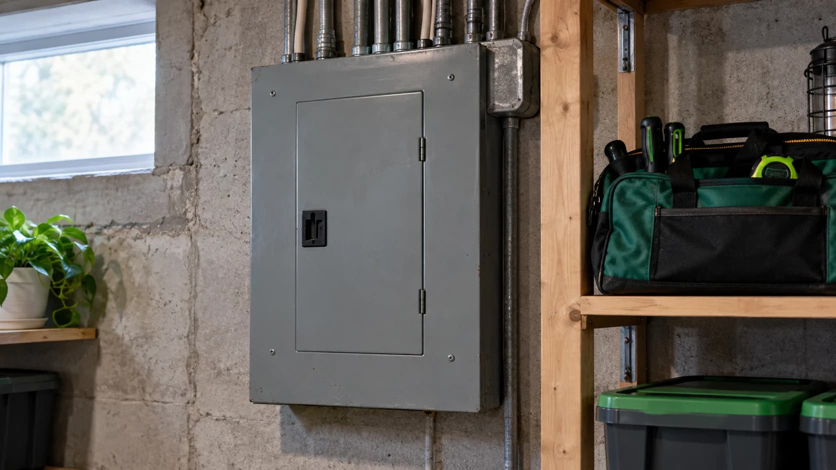 Ancien coffret électrique fermé et sac à outils dans un sous-sol.