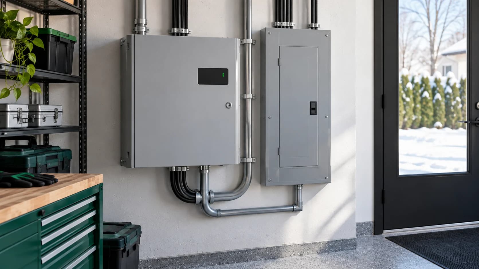 Coffret de transfert et panneau électrique fermés dans une pièce technique. Coffret de transfert et panneau électrique fermés dans une pièce technique.