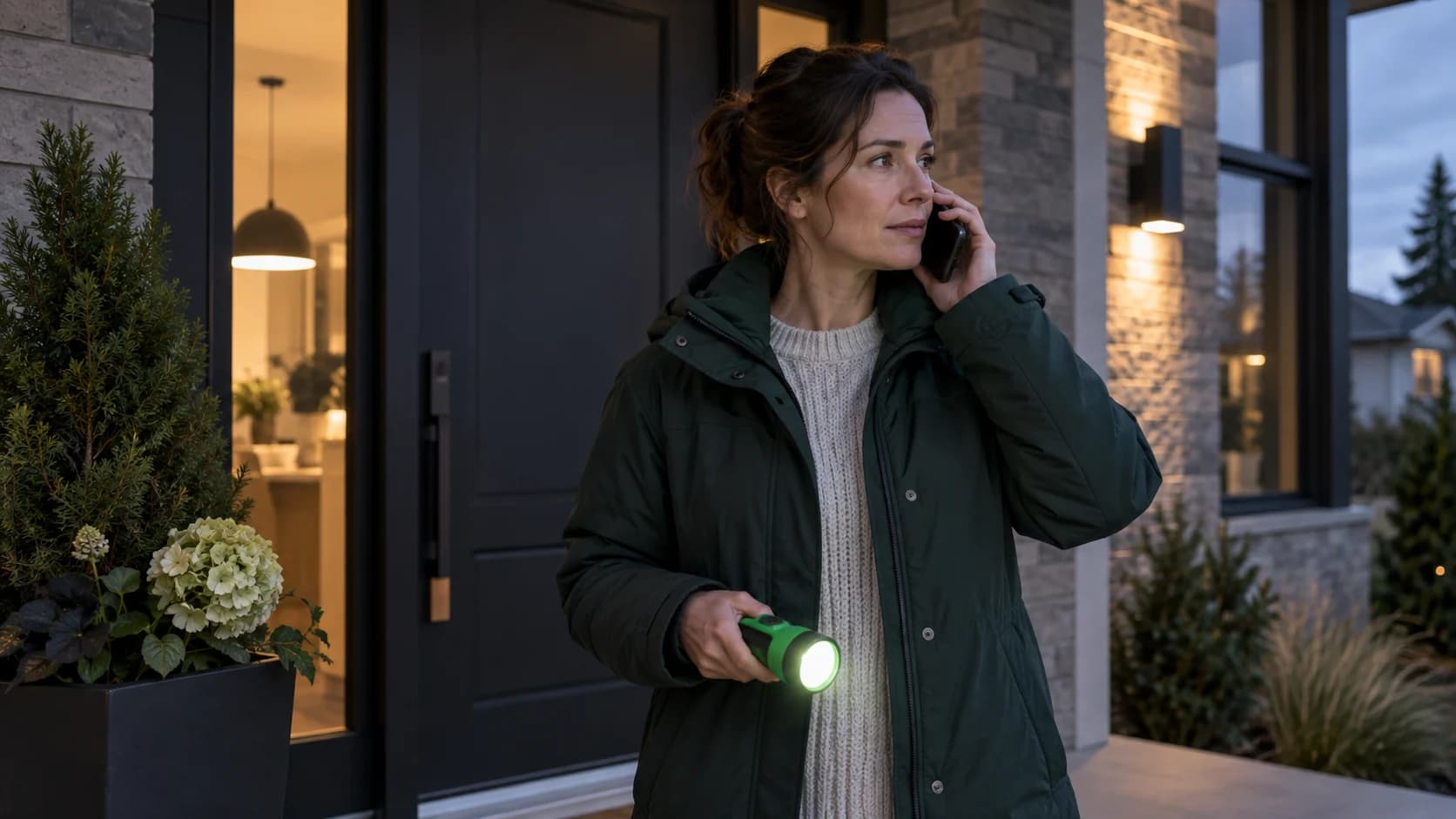 Personne avec téléphone et lampe de poche sur un perron au crépuscule.