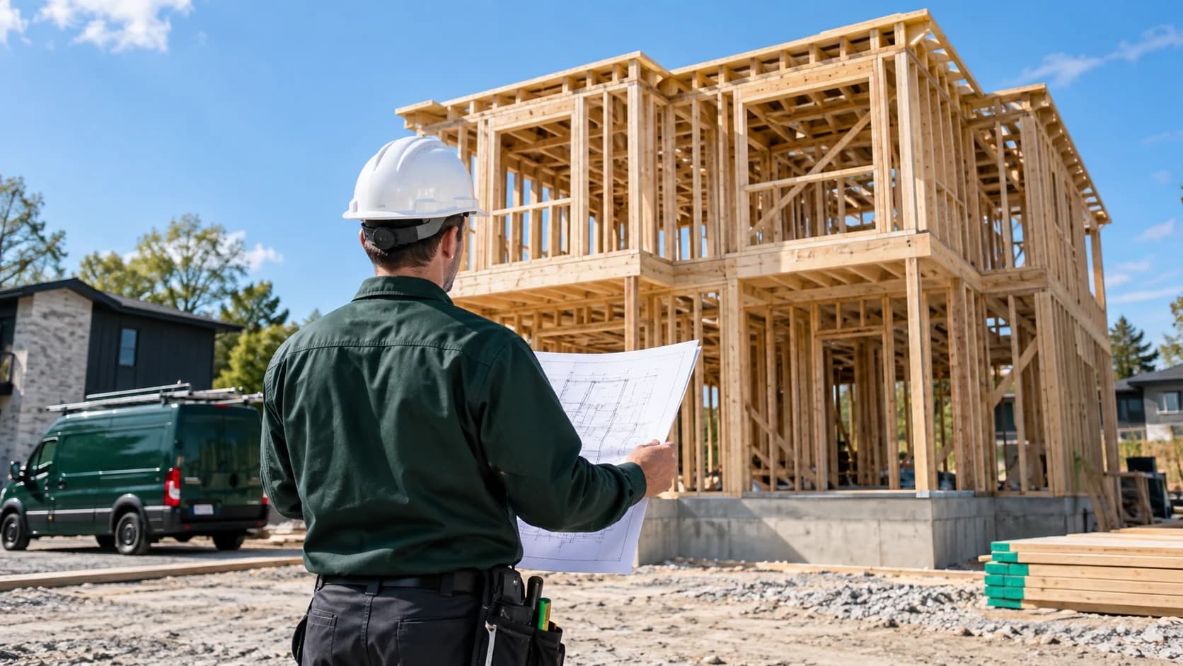 Électricien casqué consultant des plans devant une maison en construction. Électricien casqué consultant des plans devant une maison en construction.