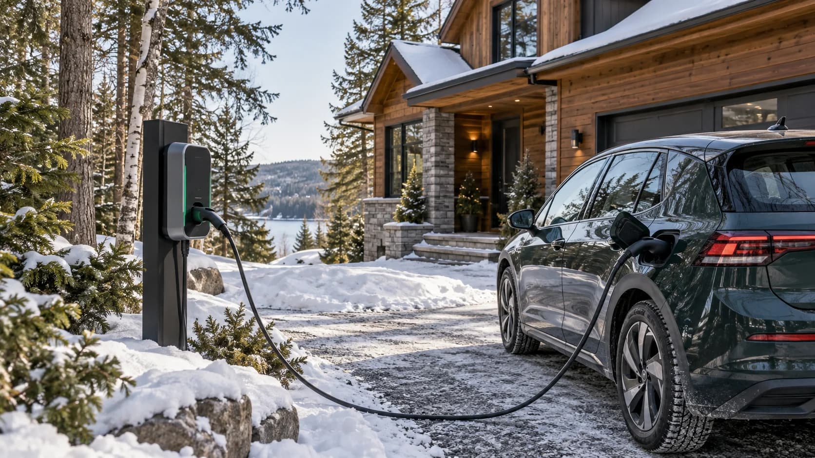 Voiture électrique en recharge dans une entrée déneigée. Voiture électrique en recharge dans une entrée déneigée.