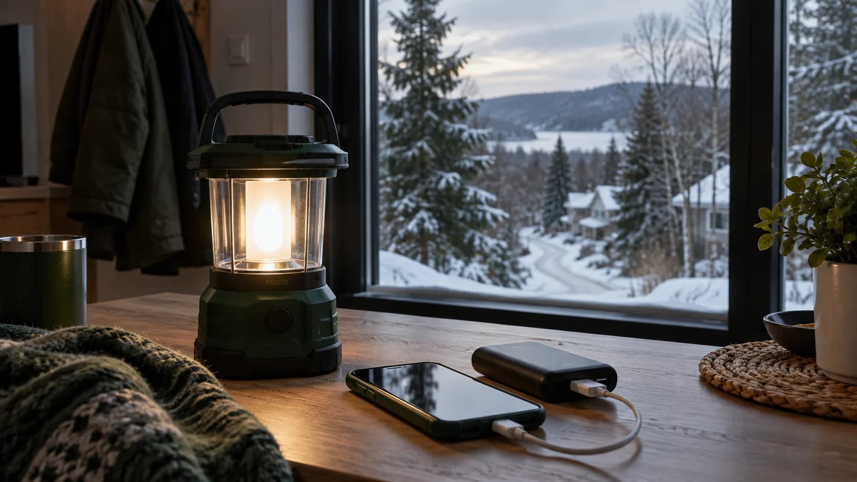 Lanterne et téléphone sur une table devant une fenêtre donnant sur l’hiver. Lanterne et téléphone sur une table devant une fenêtre donnant sur l’hiver.