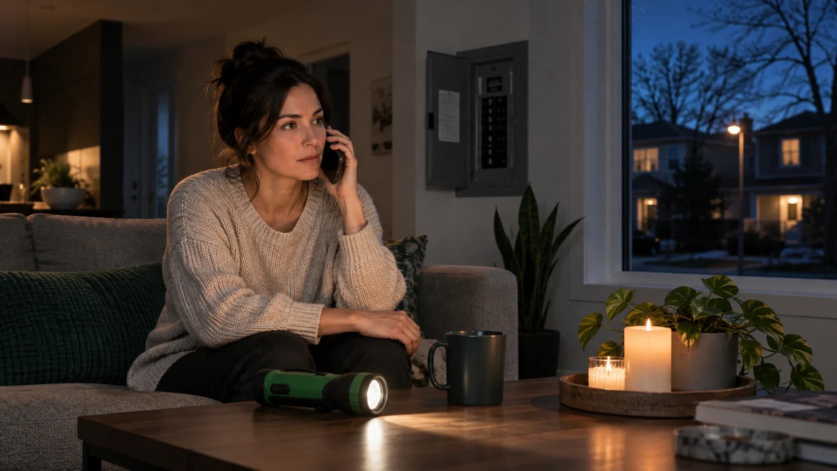 Personne téléphonant à la maison avec une lampe de poche à portée de main. Personne téléphonant à la maison avec une lampe de poche à portée de main.