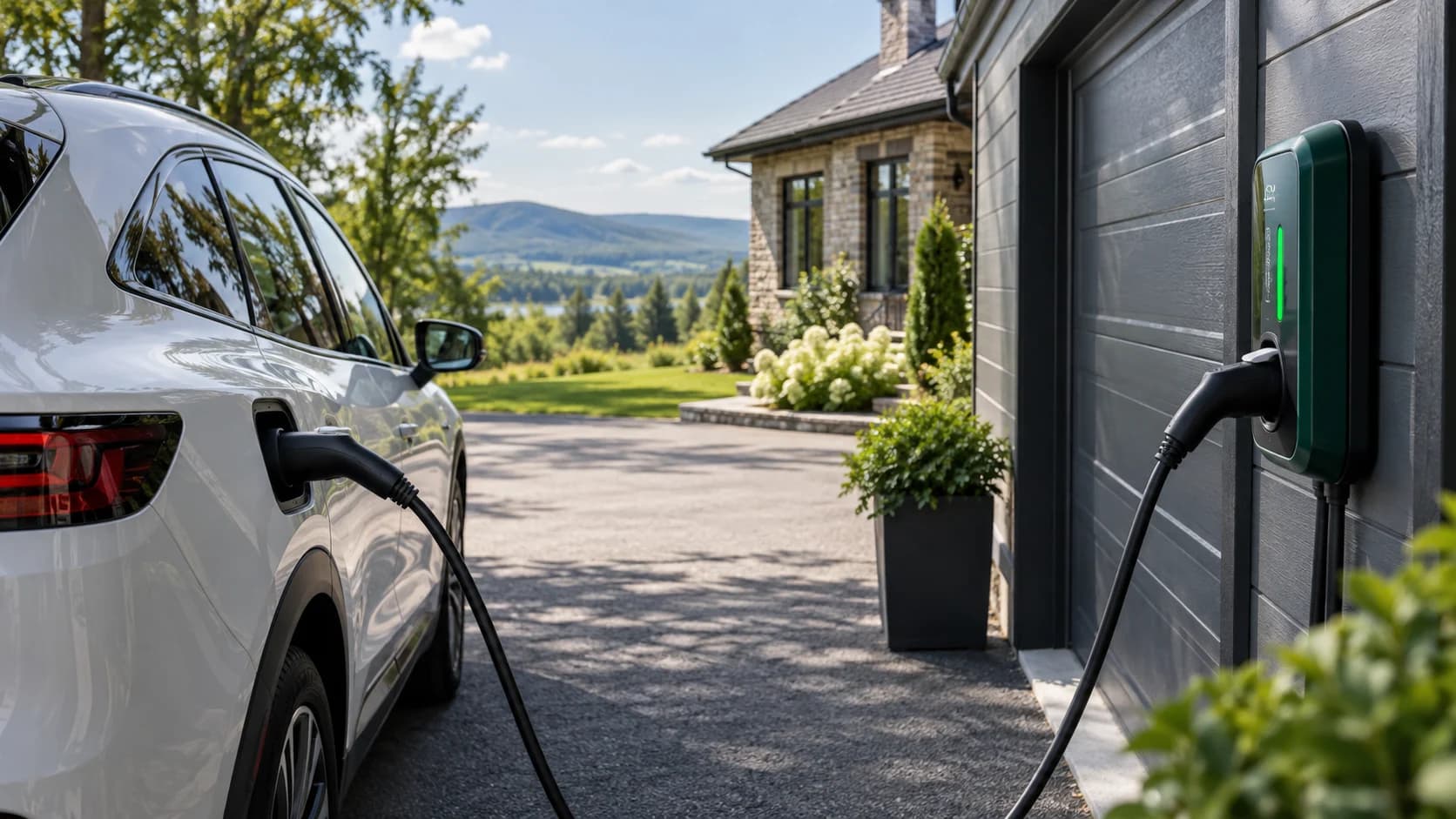 Véhicule électrique et borne de recharge dans une entrée résidentielle. Véhicule électrique et borne de recharge dans une entrée résidentielle.