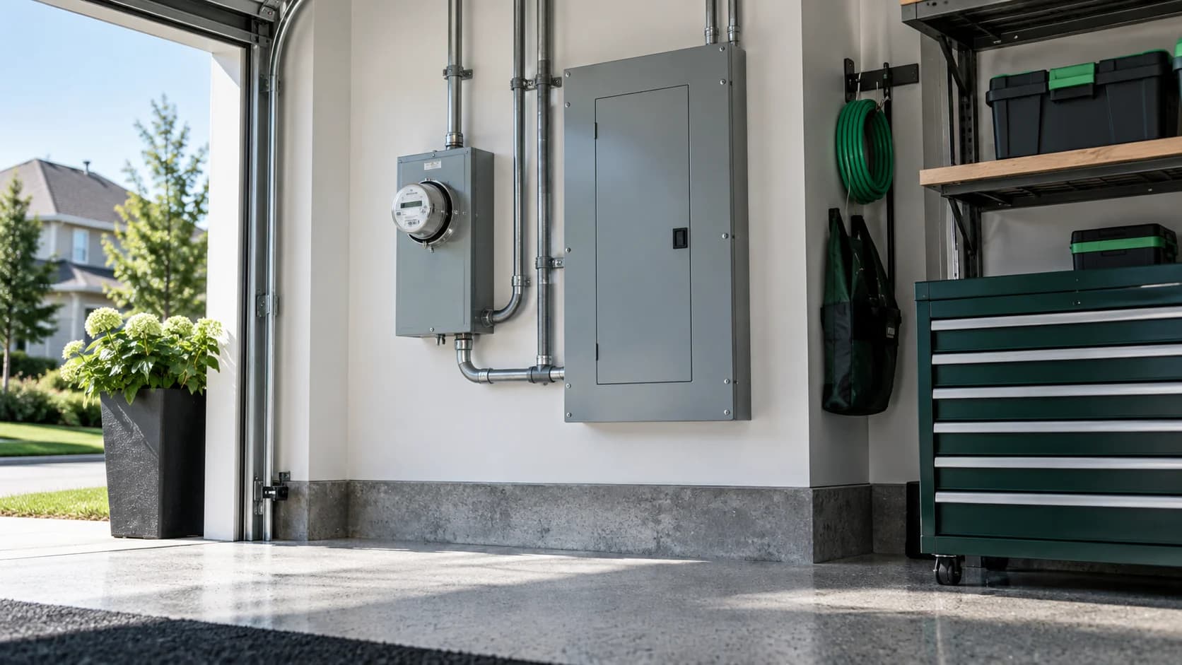 Panneau et coffrets électriques fermés dans un garage. Panneau et coffrets électriques fermés dans un garage.