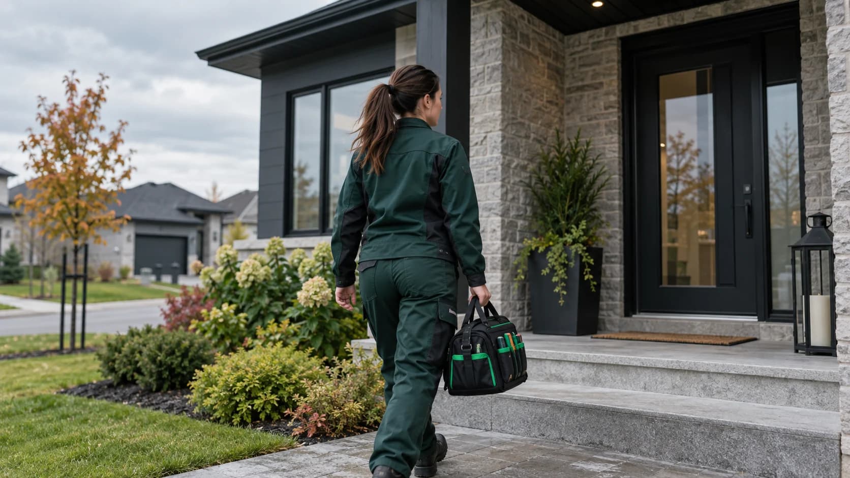 Électricienne transportant son sac à outils vers une entrée de maison. Électricienne transportant son sac à outils vers une entrée de maison.