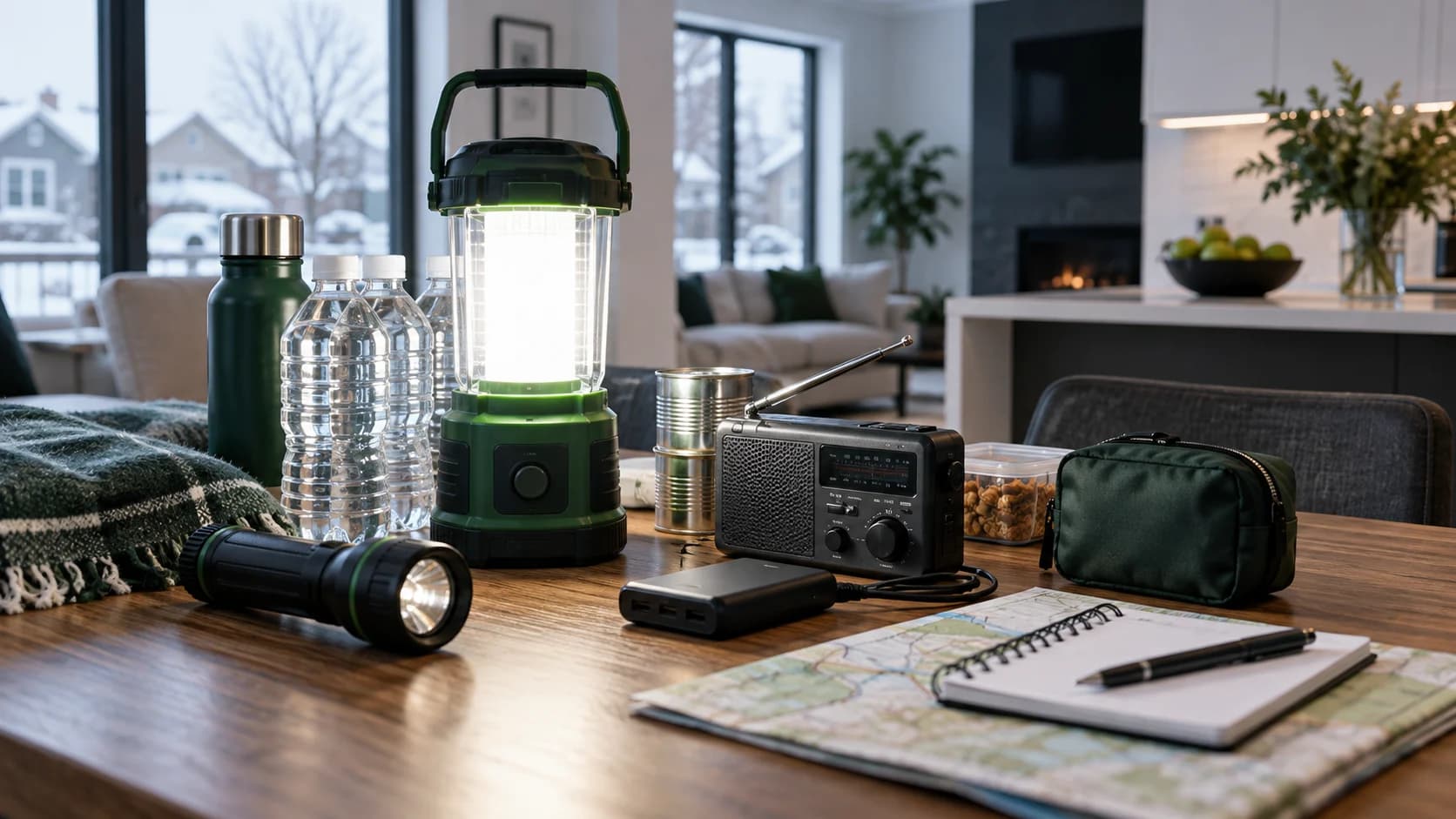 Lanterne, radio, lampe de poche, eau et batterie de secours sur une table. Lanterne, radio, lampe de poche, eau et batterie de secours sur une table.