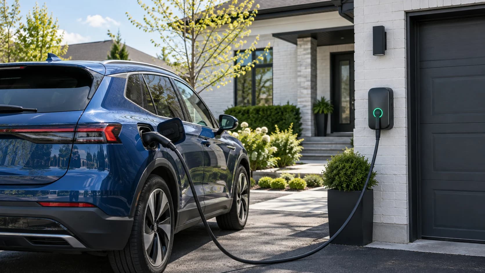 Véhicule électrique et borne de recharge dans une entrée résidentielle. Véhicule électrique et borne de recharge dans une entrée résidentielle.