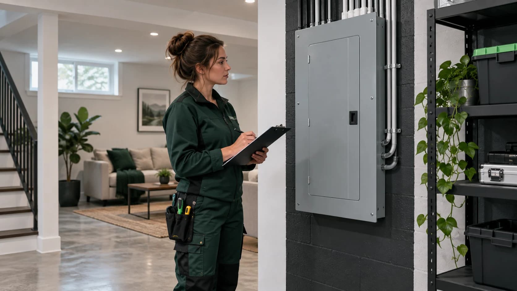 Électricienne tenant un document près d’un panneau électrique fermé. Électricienne tenant un document près d’un panneau électrique fermé.