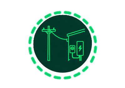 Icône illustrée de branchement électrique entre le réseau et un bâtiment