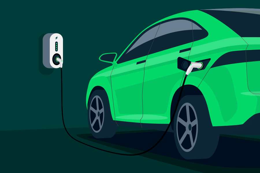 Voiture électrique en charge dans un garage souterrain, branchée à une station de charge. Batterie d'un véhicule électrique stationné dans un parking et connecté à une boîte murale.