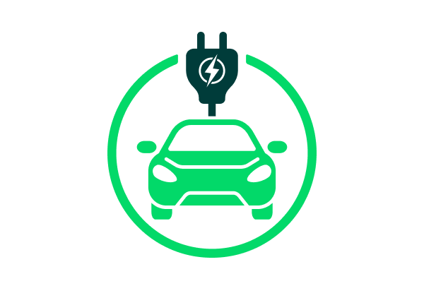 Icône d'une voiture électrique encerclée avec un fil électrique au-dessus